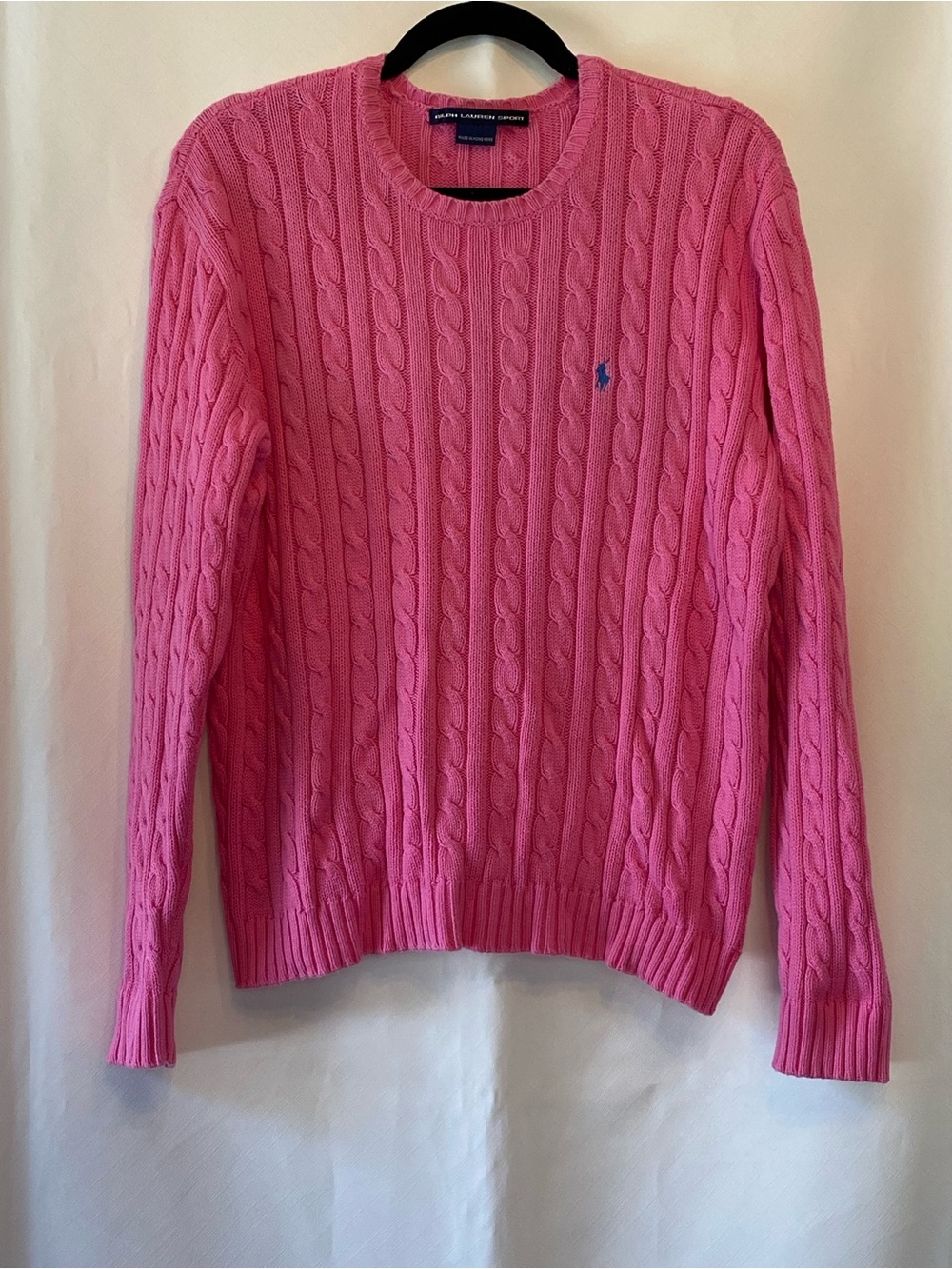 Ralph Lauren Sport Preppy Pink 100% Cotton Cable Knit Crewneck Sweater LG